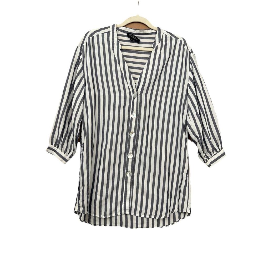 RD Style Button Front Striped Blouse Women’s Navy White Roll Sleeve Size M